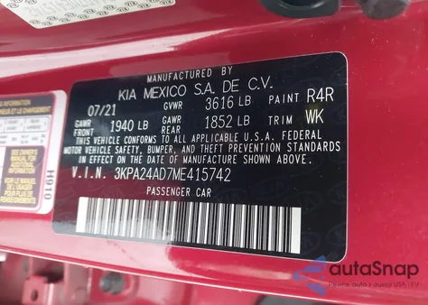 2021 Kia Rio S z USA, uszkodzony, nr VIN 3KPA24AD7ME415742